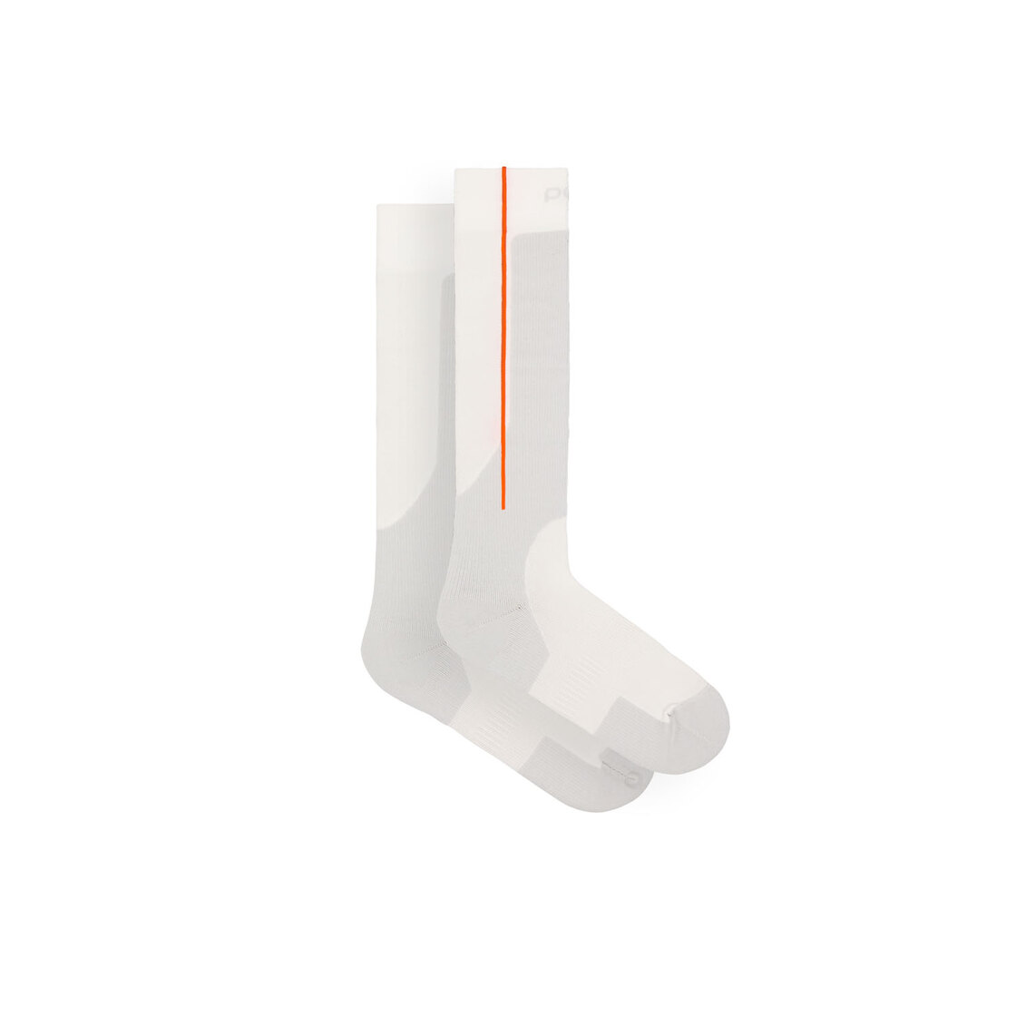 Calzino tecnico da sci POC Race Sock grigio chiaro con riga arancio verticale, visto di lato.