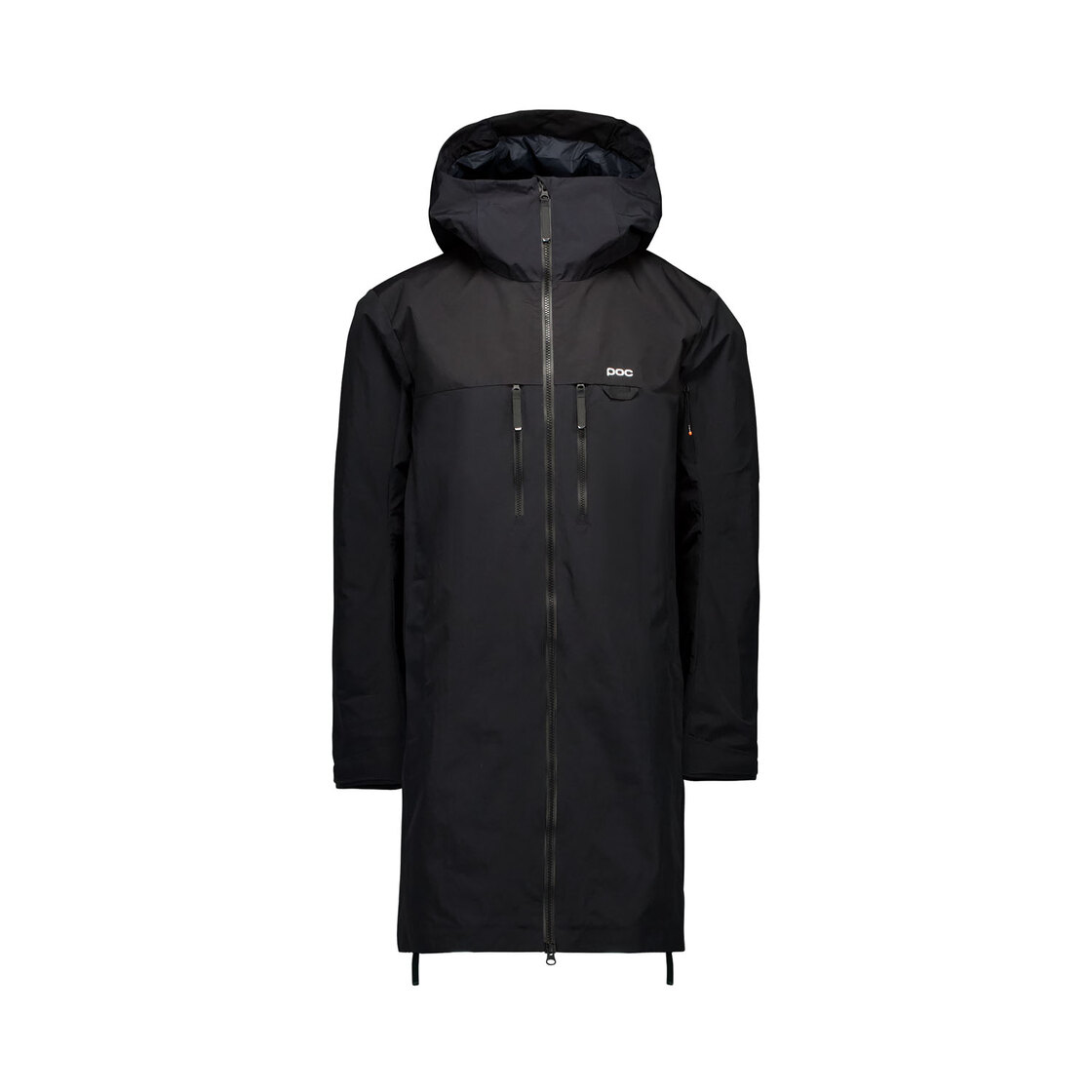 Cappotto da neve POC Race Mentor nero, lungo fino al polpaccio, con cappuccio, visto di fronte.