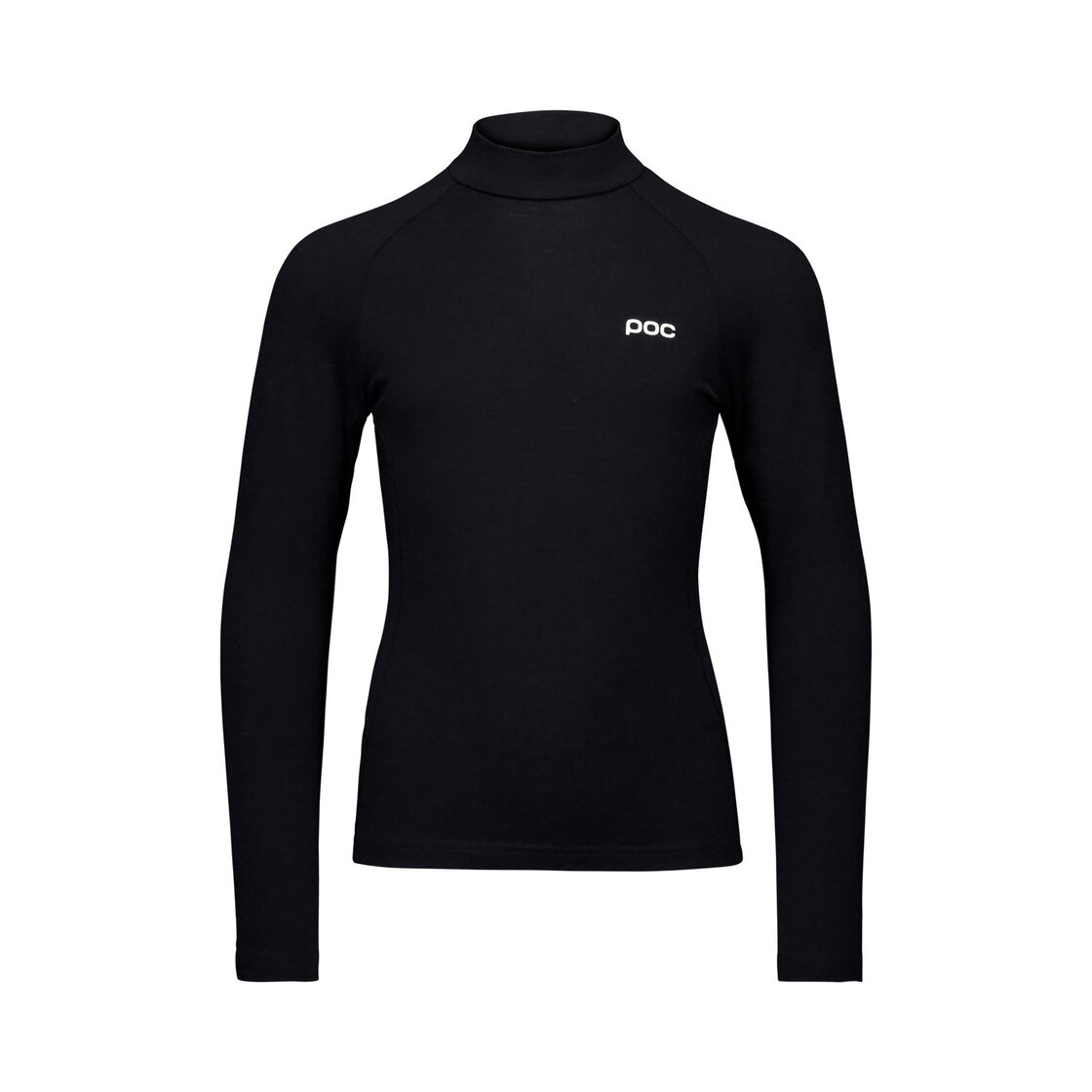 Maglia POC Layer Merino nera a collo alto e maniche lunghe, primo strato in lana merino, vista di fronte.